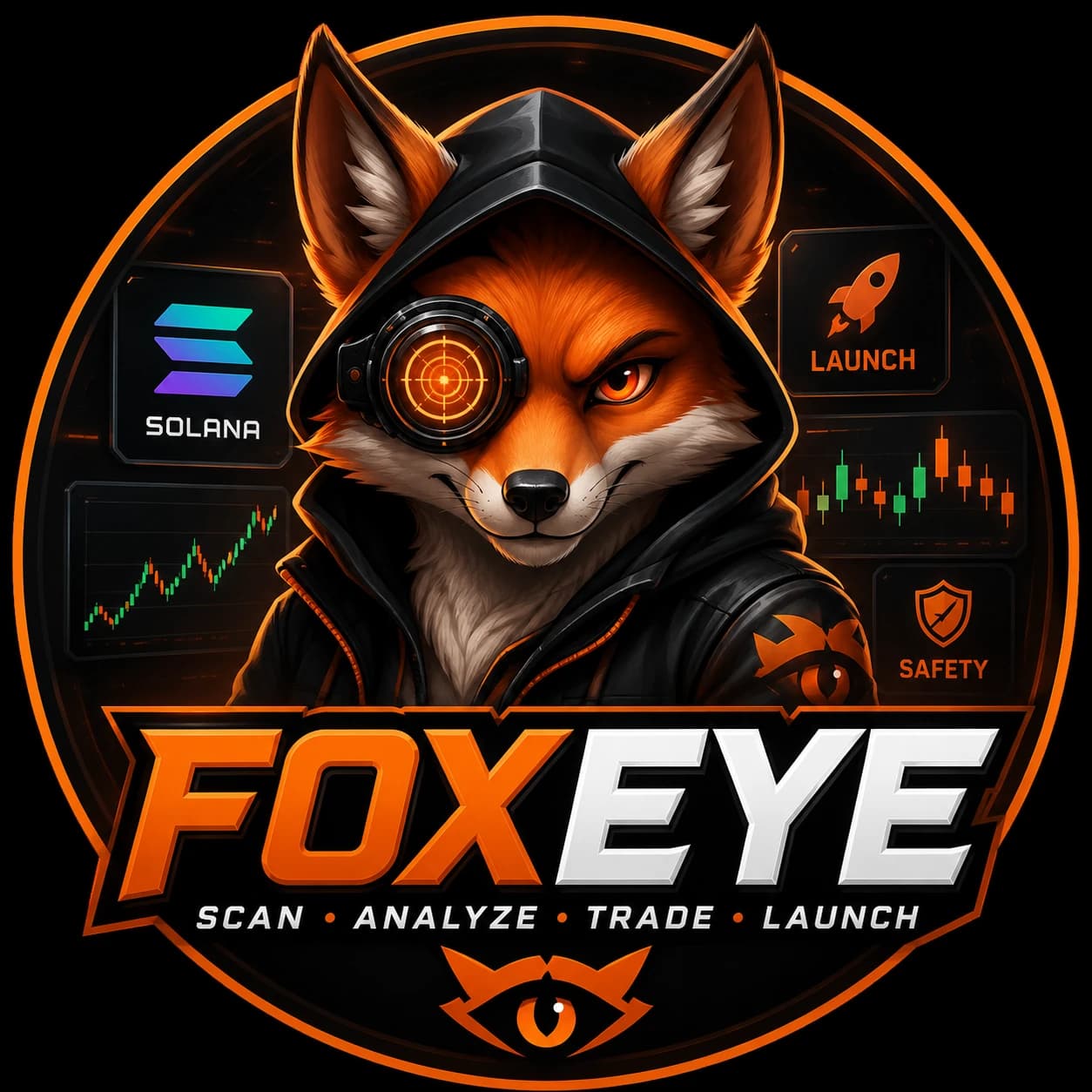 FoxEye fox brand mark with Solana, research, launch, and safety motifs